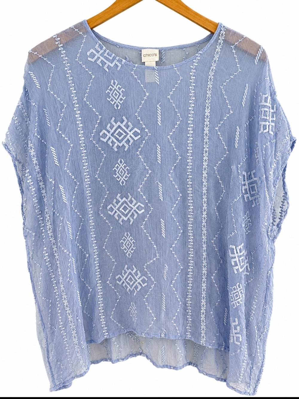 Chicos Top Womens Medium Sz 1 Blue Sheer Embroidered Chiffon Blouse Aztec